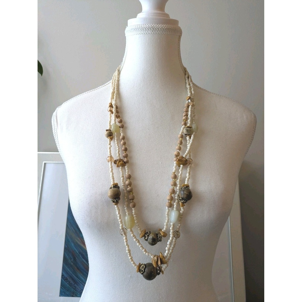 Bohemian Multi Strand Beaded Necklace In Earthy Colors Creams Browns Artisan